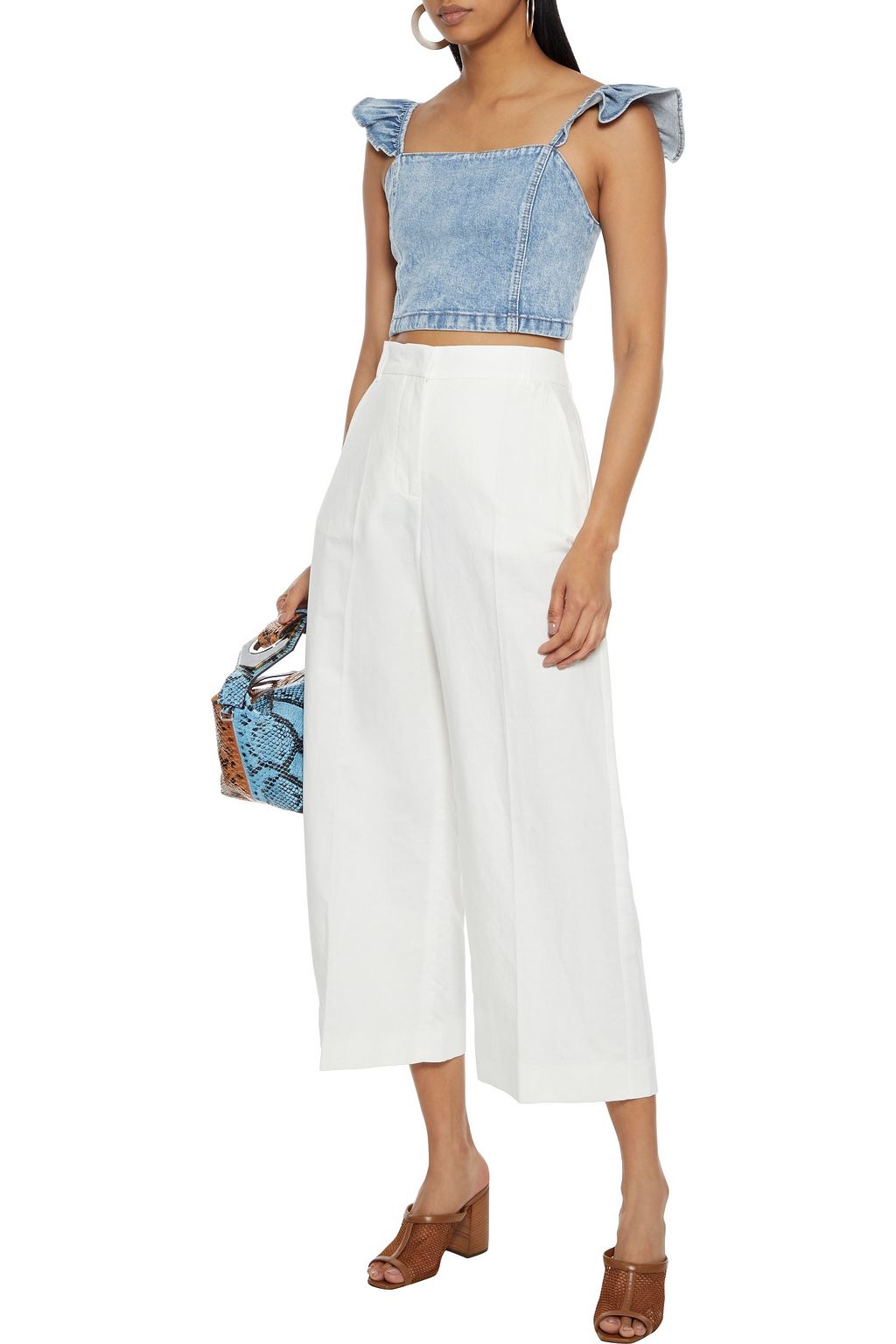 ALICE + OLIVIA Kiley cropped ruffle-trimmed acid-wash denim top