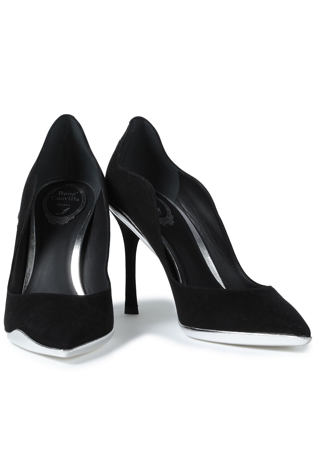 RENE' CAOVILLA Metallic leather-trimmed suede pumps