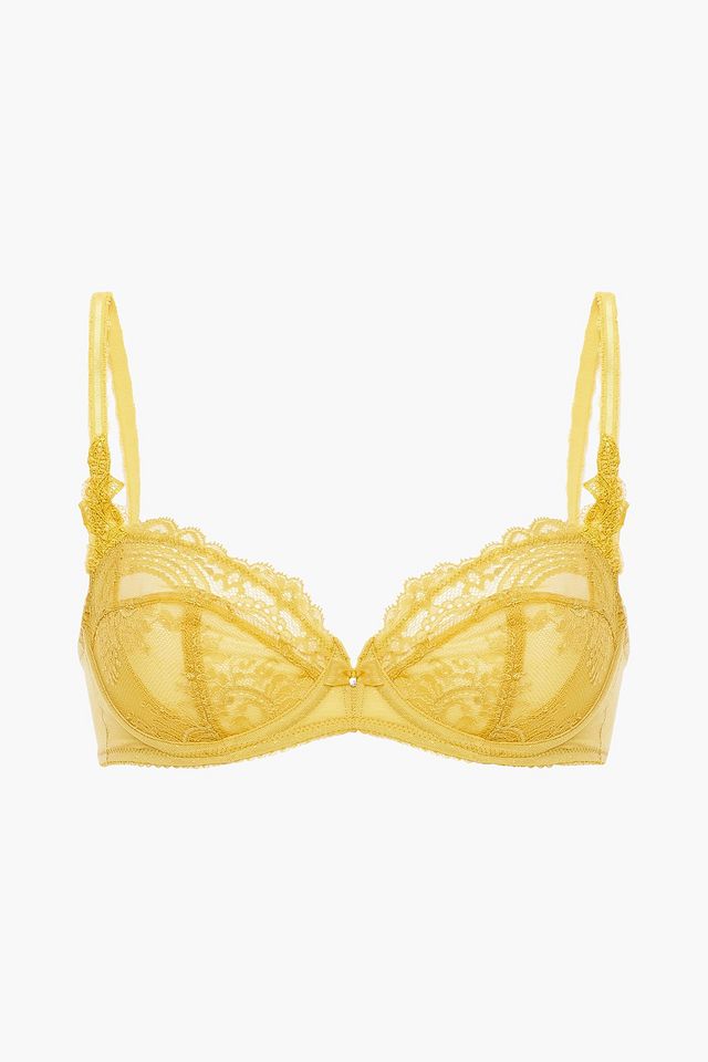 Chrystalle paneled embellished point d'esprit and stretch-lace underwired bra