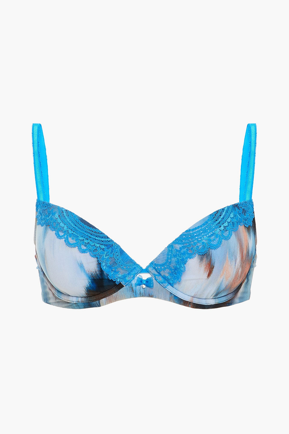 Wacoal Chrystalle Lace-trimmed Embellished Printed Stretch-jersey Push-up Bra In Blue