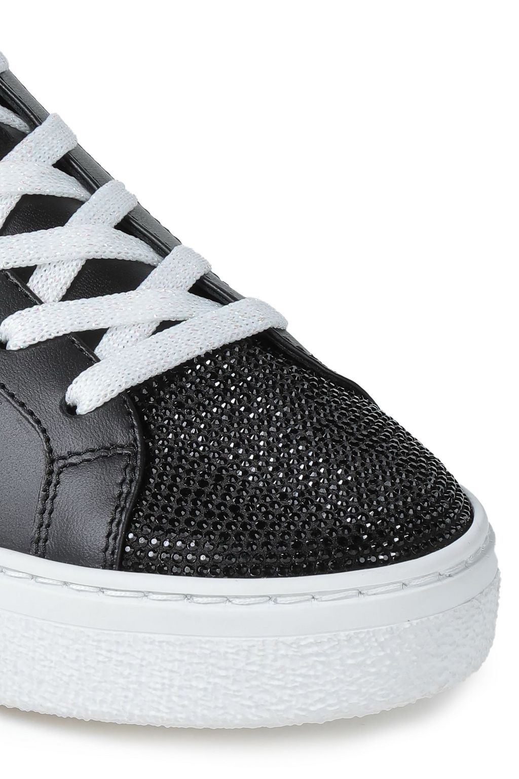 RENE' CAOVILLA Embellished satin-paneled leather sneakers