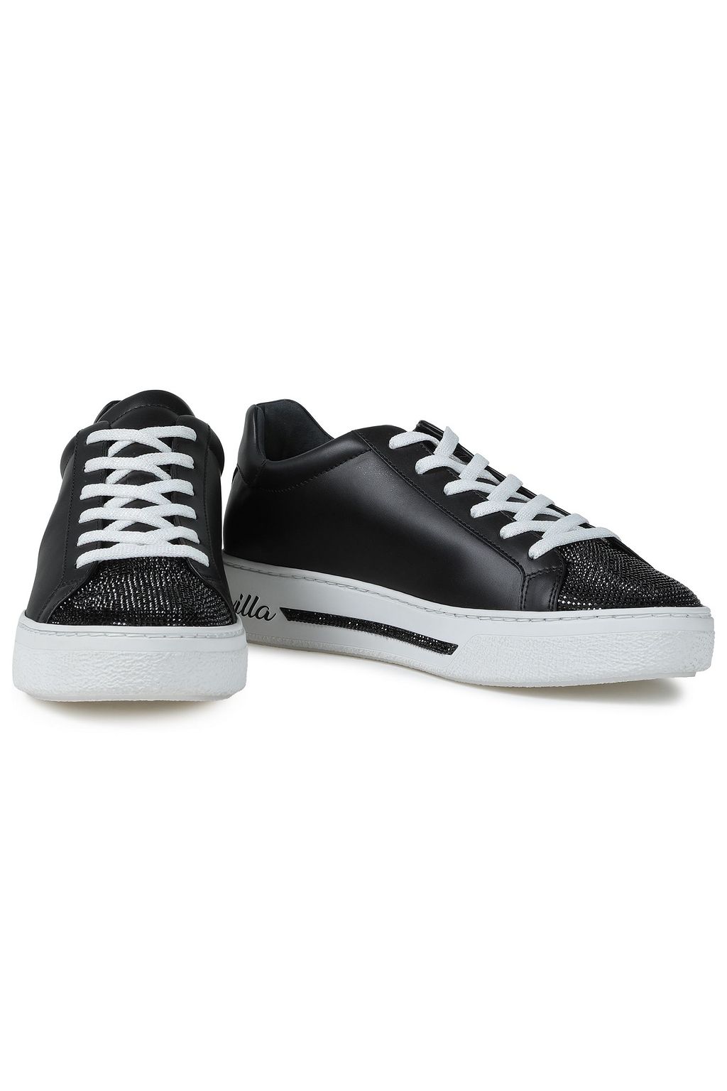 RENE' CAOVILLA Embellished satin-paneled leather sneakers