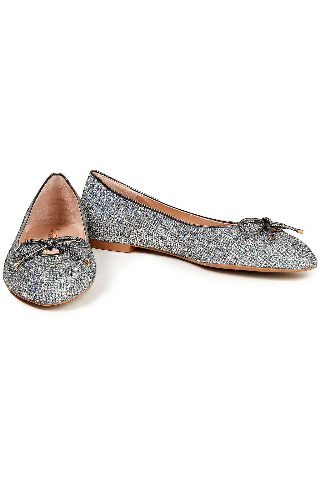 STUART WEITZMAN Bow-embellished glittered lurex ballet flats