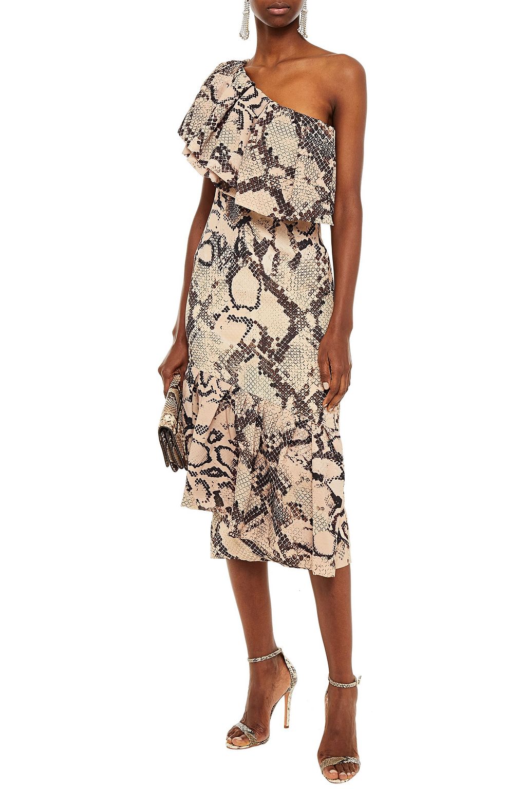 SOLACE LONDON Heppy one-shoulder snake-print crepe de chine midi dress