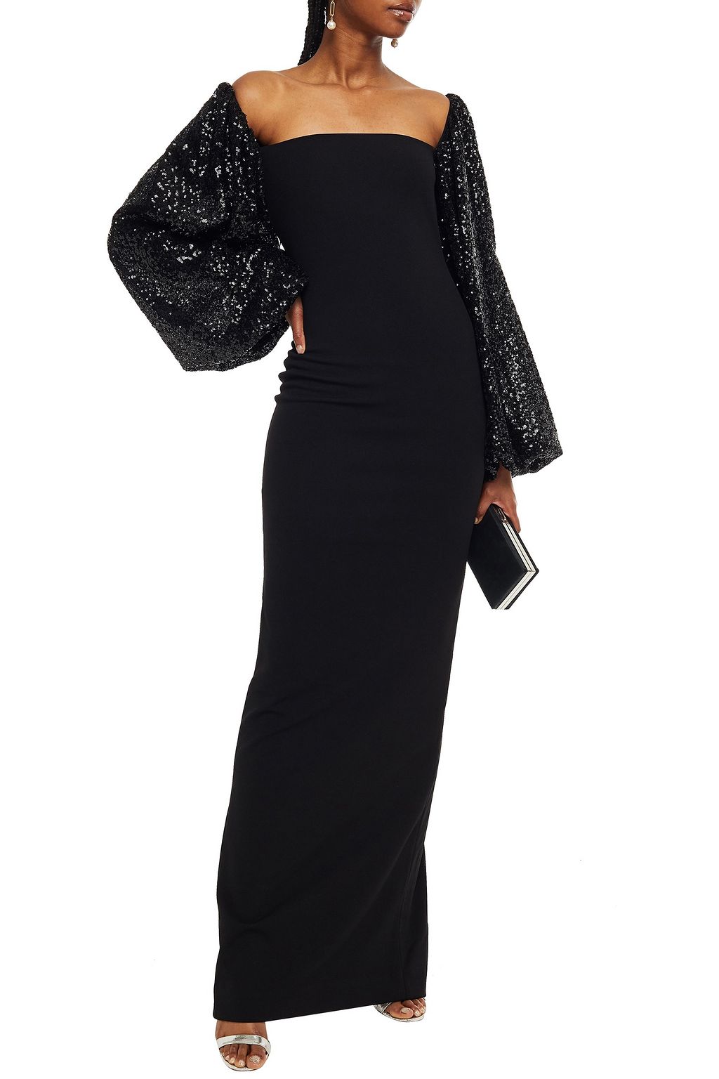 SOLACE LONDON Off-the-shoulder sequin-embellished stretch-crepe gown