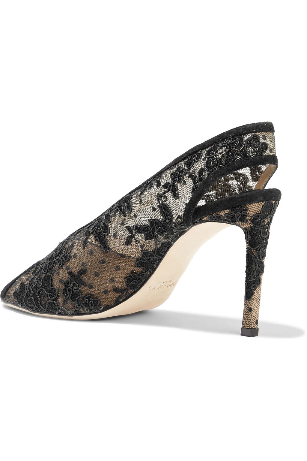 JIMMY CHOO Shar 85 suede-trimmed corded lace slingback pumps