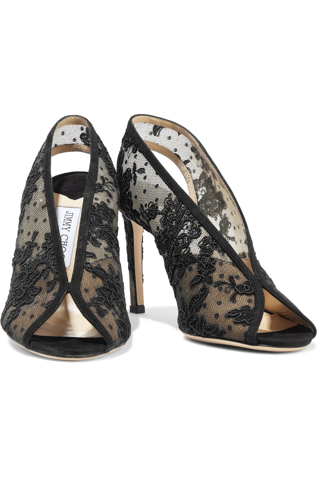 JIMMY CHOO Shar 85 suede-trimmed corded lace slingback pumps