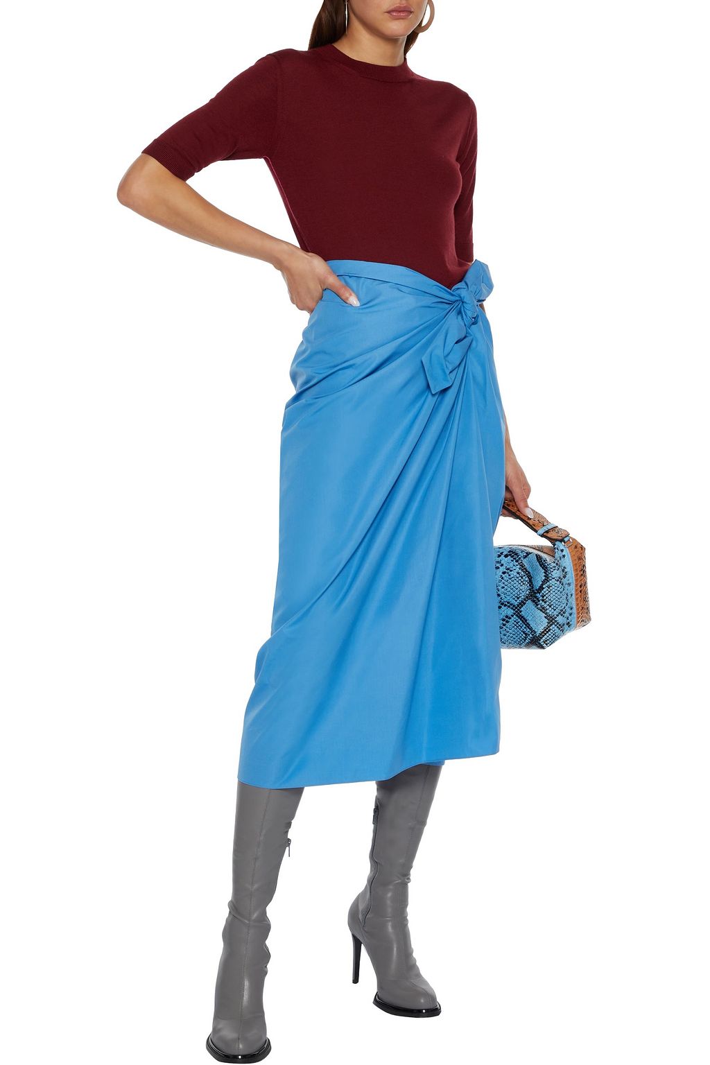 MARNI Wrap-effect knotted cotton-poplin midi skirt