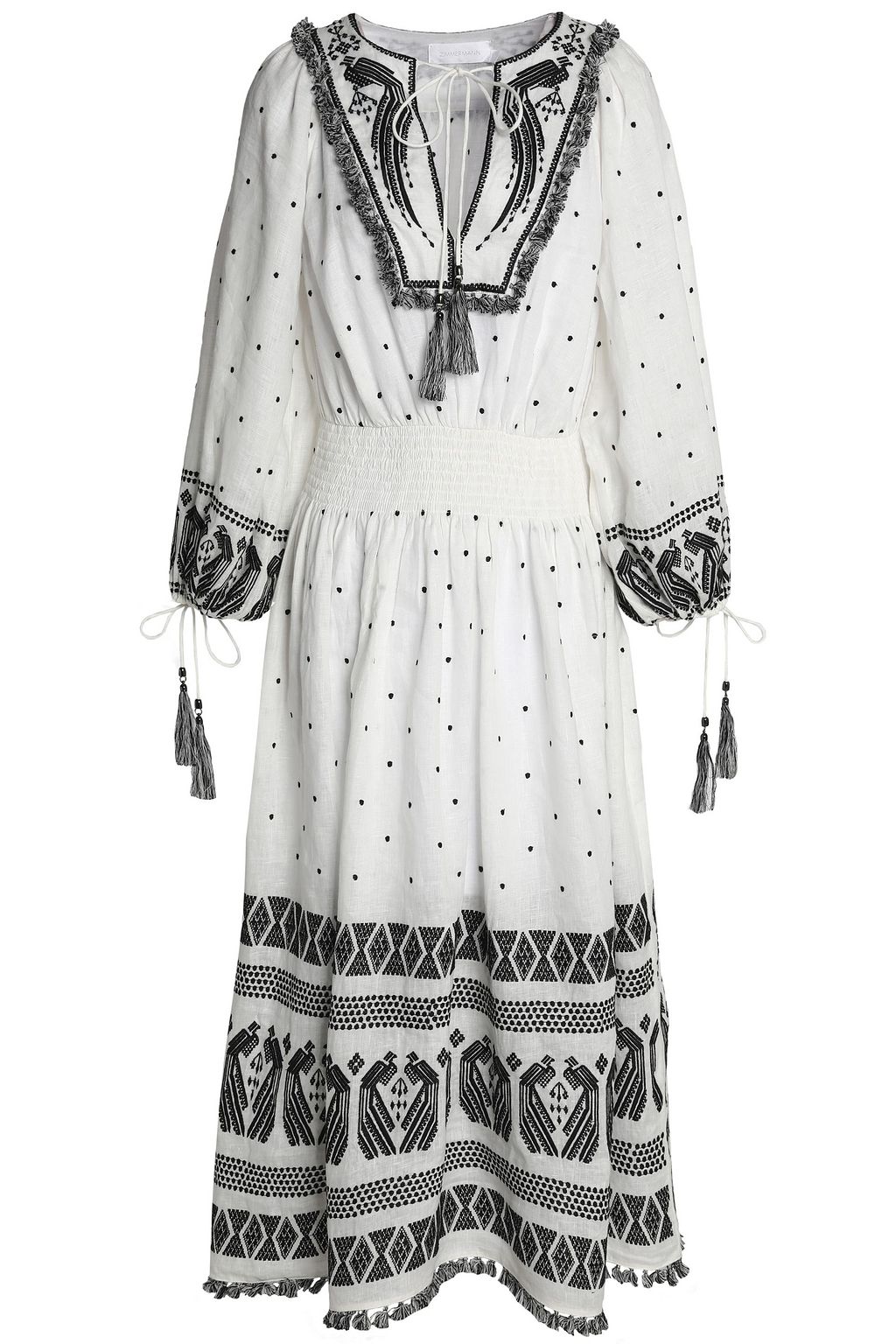 white tasseled embroidered midi dress