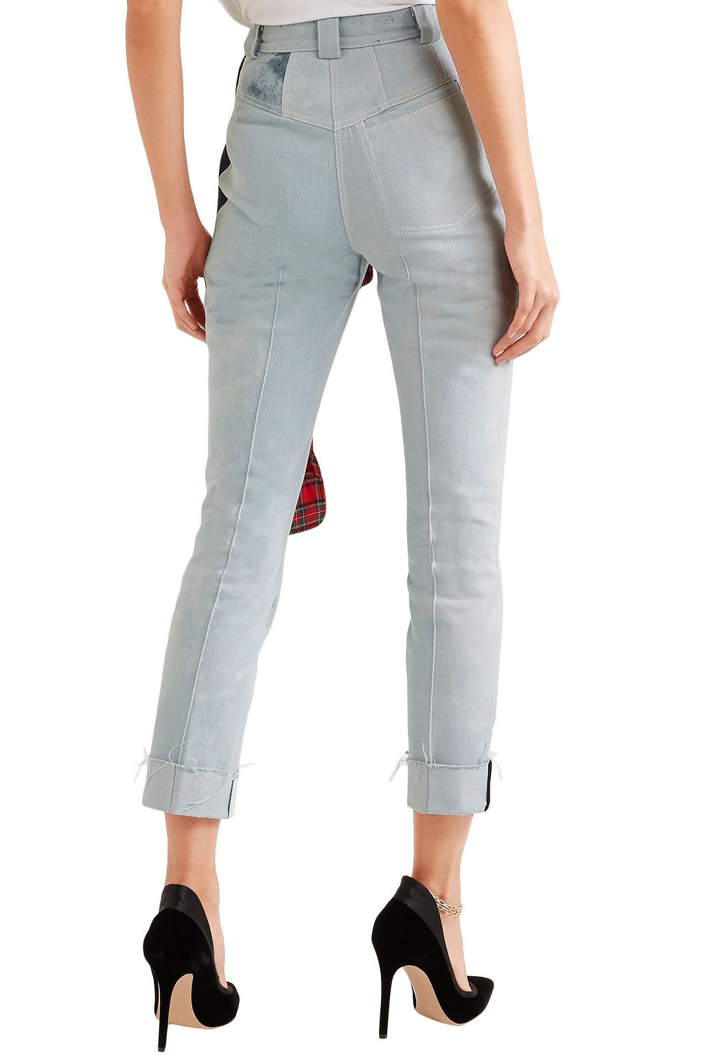 RONALD VAN DER KEMP Cropped flannel-trimmed painted high-rise slim-leg jeans