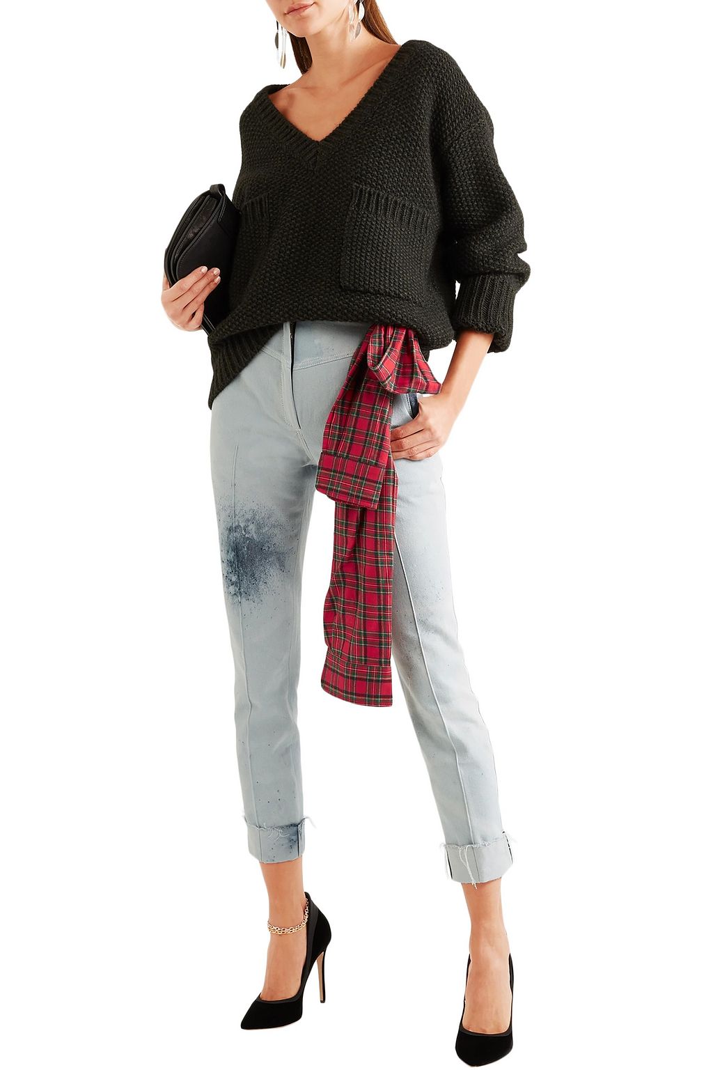 RONALD VAN DER KEMP Cropped flannel-trimmed painted high-rise slim-leg jeans