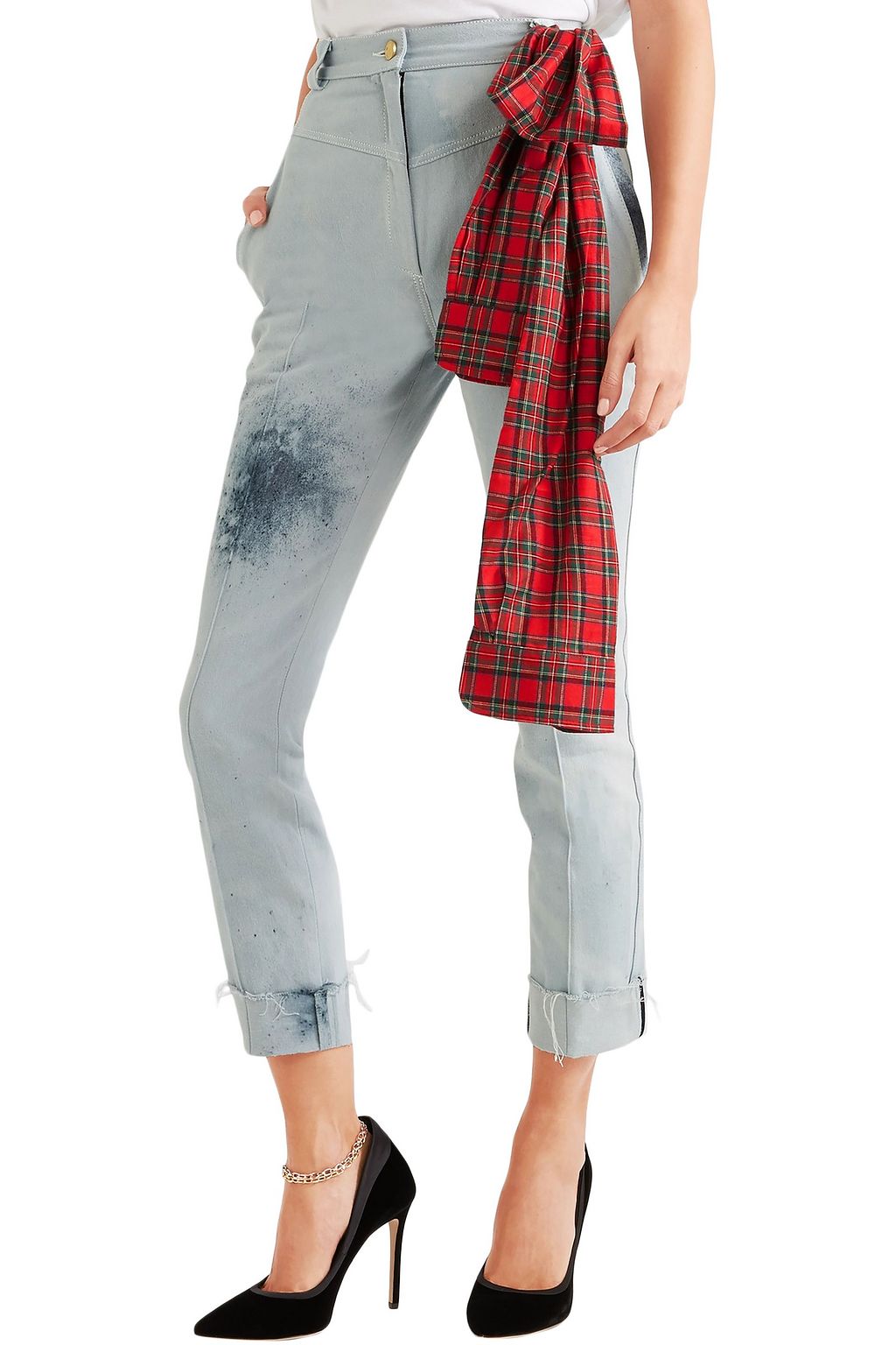 RONALD VAN DER KEMP Cropped flannel-trimmed painted high-rise slim-leg jeans
