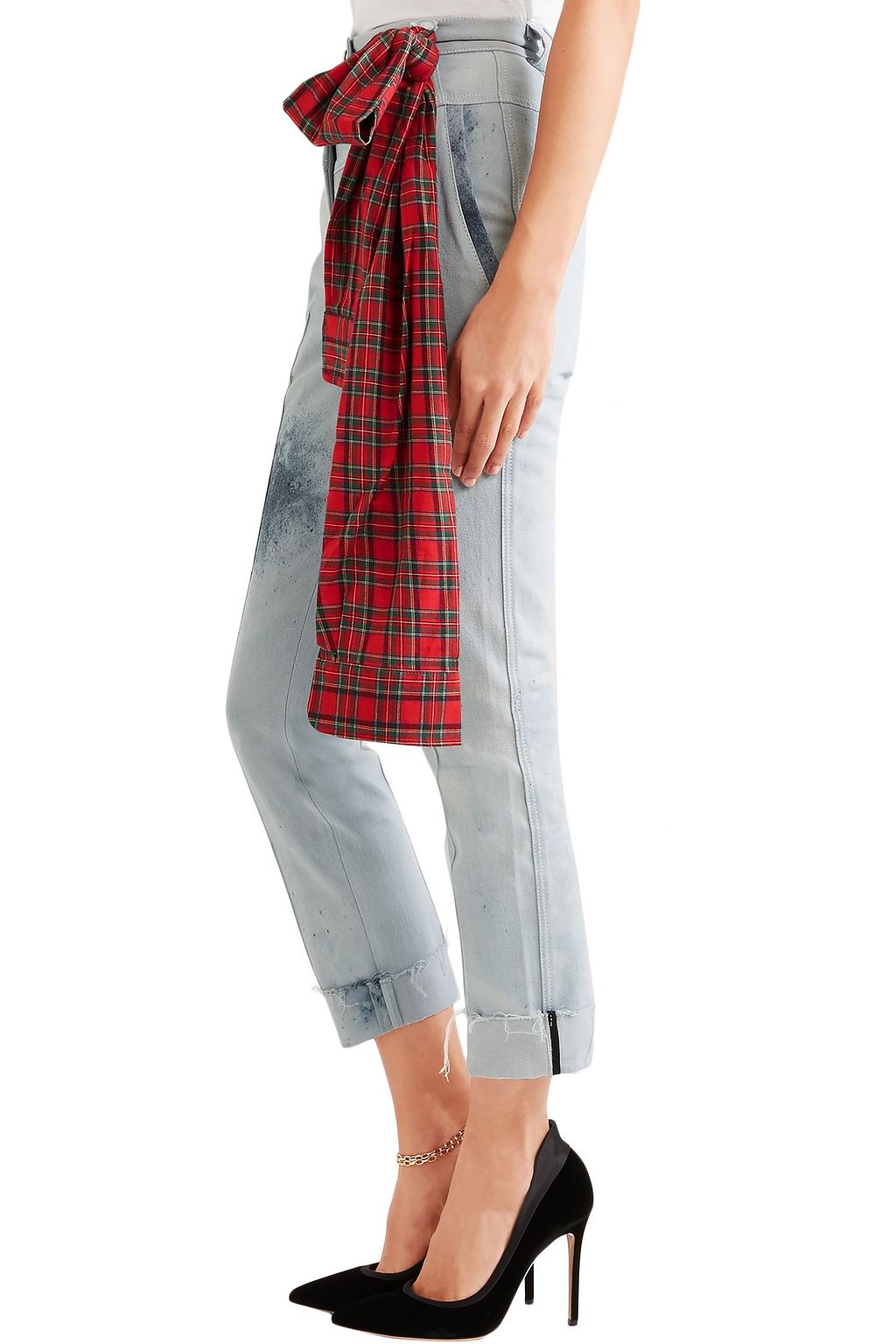 RONALD VAN DER KEMP Cropped flannel-trimmed painted high-rise slim-leg jeans
