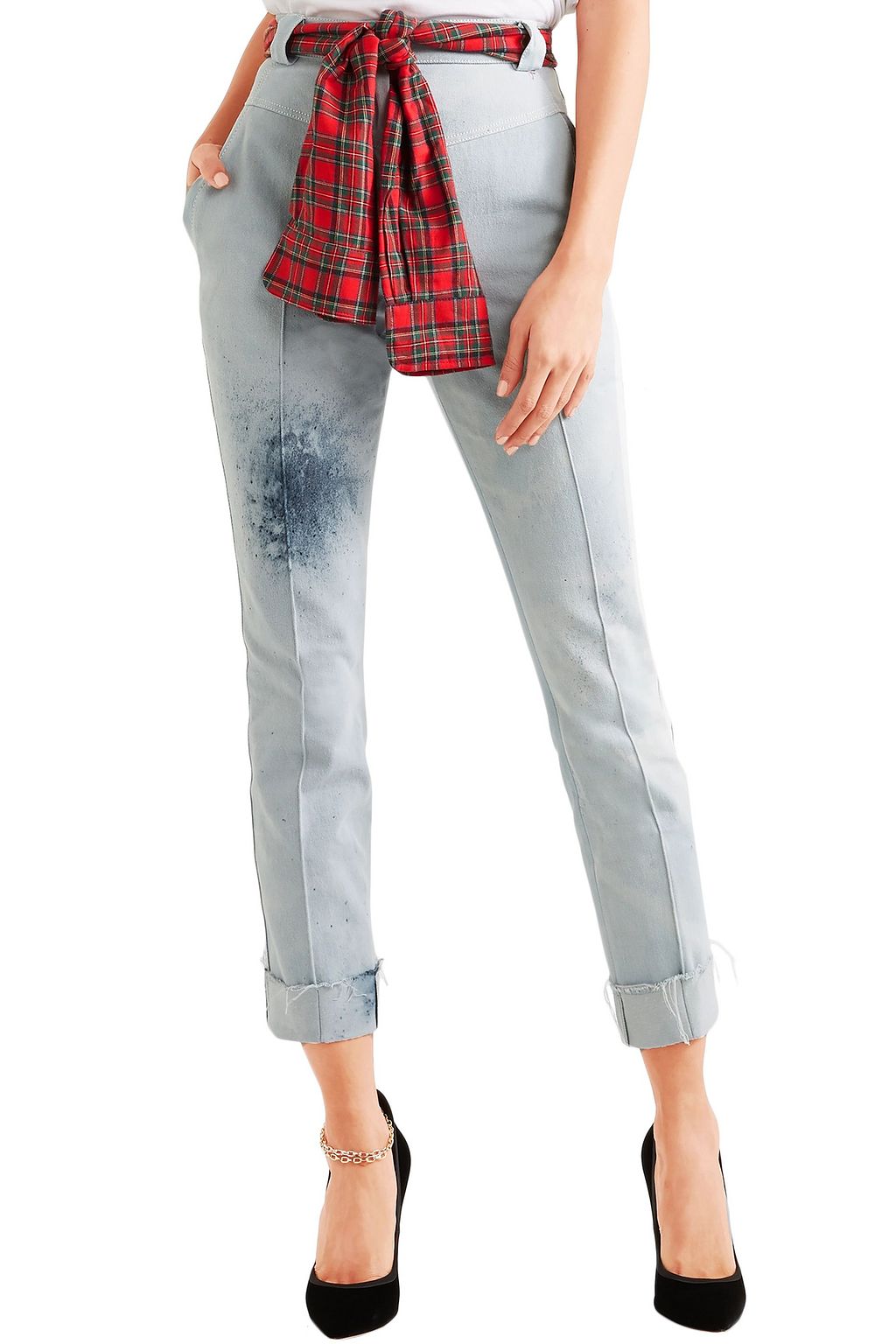 RONALD VAN DER KEMP Cropped flannel-trimmed painted high-rise slim-leg jeans
