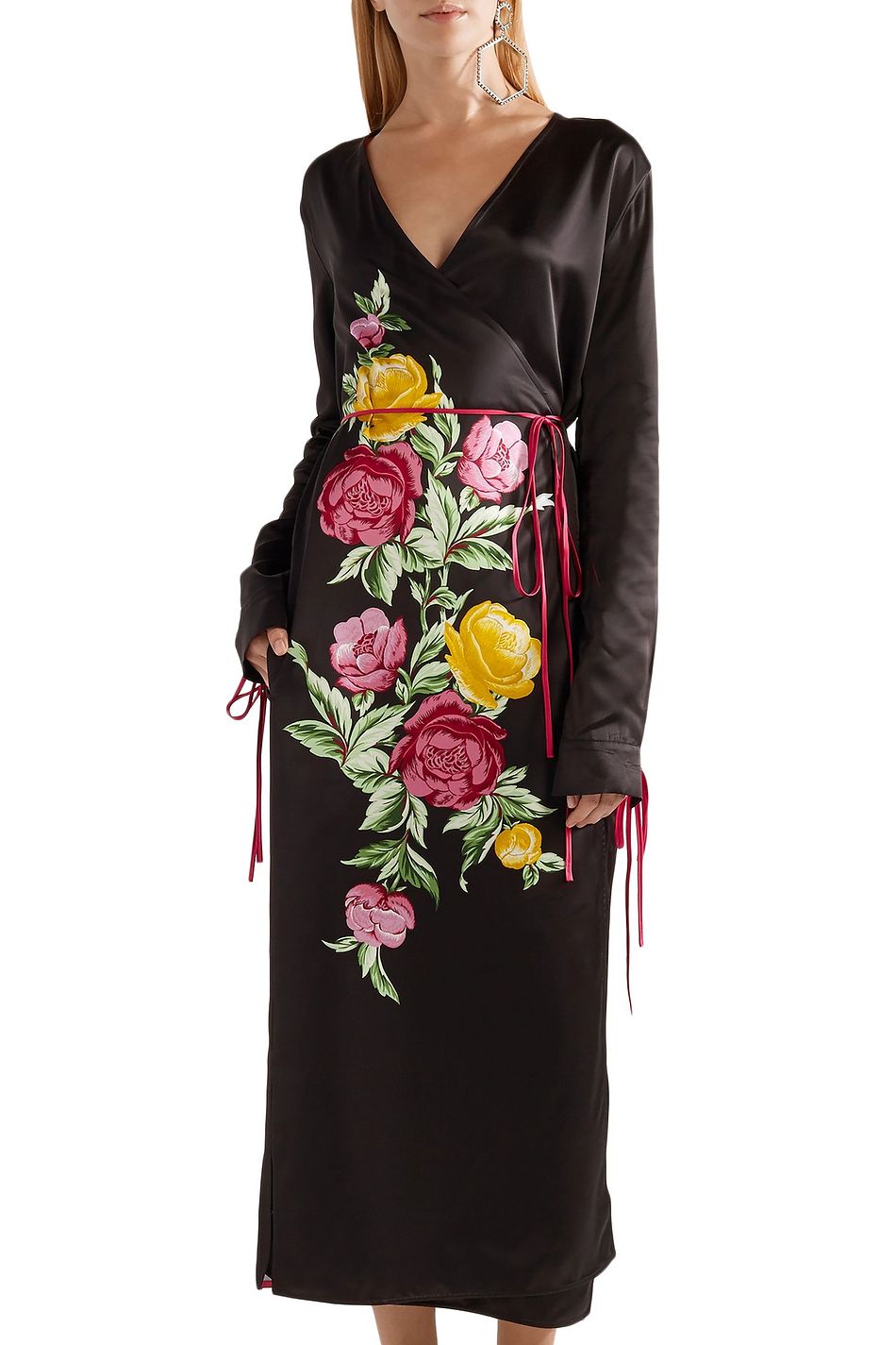 satin wrap midi dress