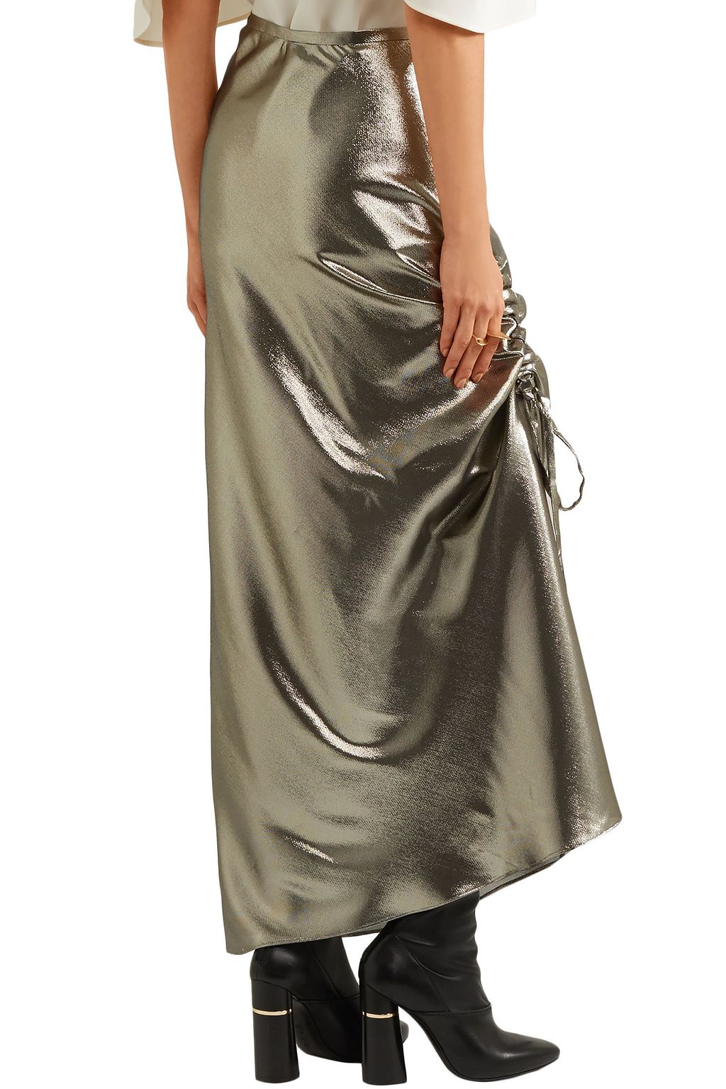 ELLERY Laura asymmetric ruched silk-blend lamé midi skirt