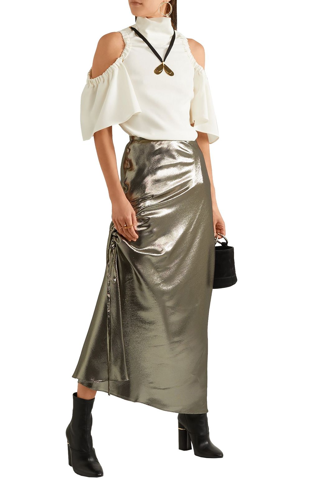 ELLERY Laura asymmetric ruched silk-blend lamé midi skirt