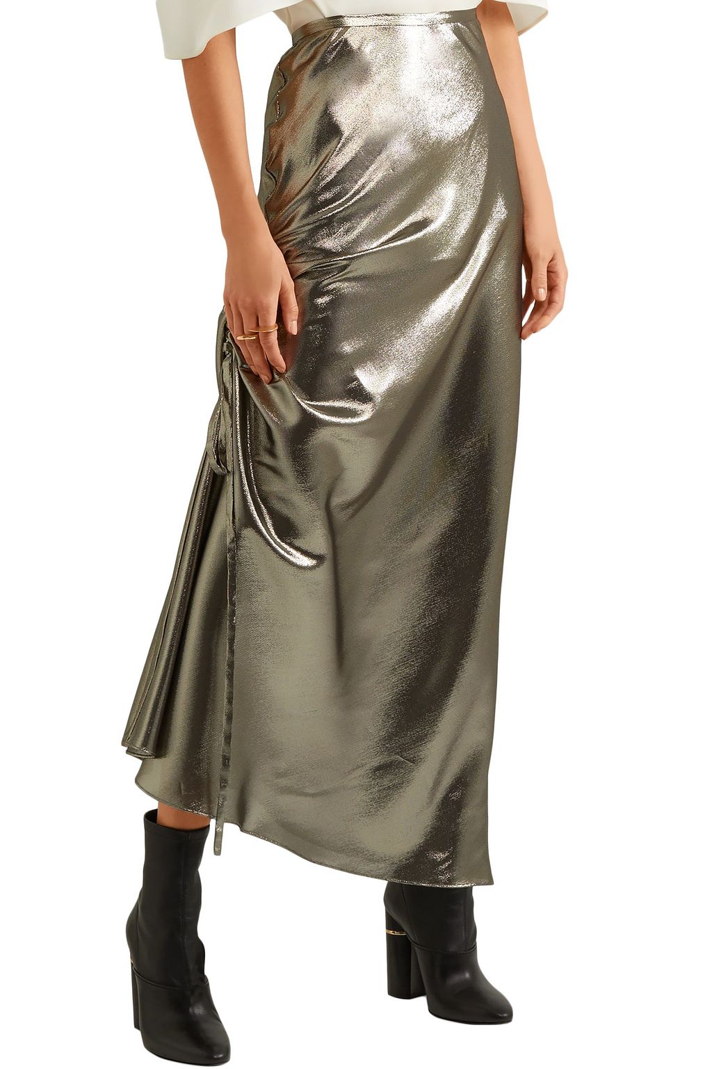 ELLERY Laura asymmetric ruched silk-blend lamé midi skirt