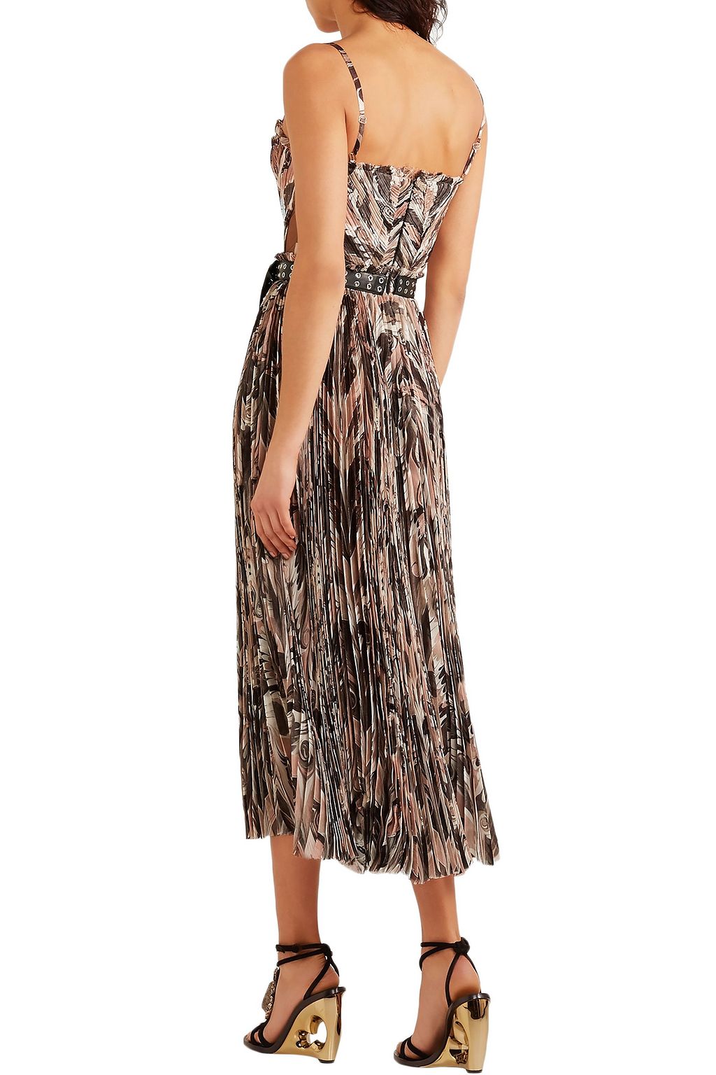 ALEXANDER MCQUEEN Belted printed plissé silk crepe de chine midi dress