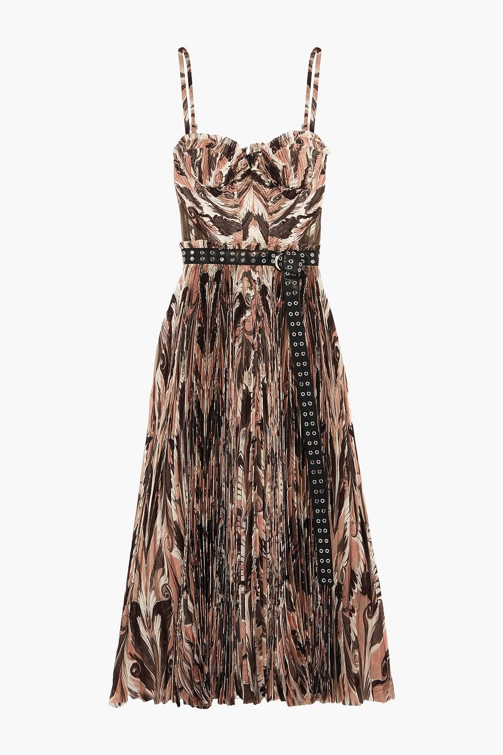 Taupe Belted printed plissé silk crepe de chine midi dress | ALEXANDER ...