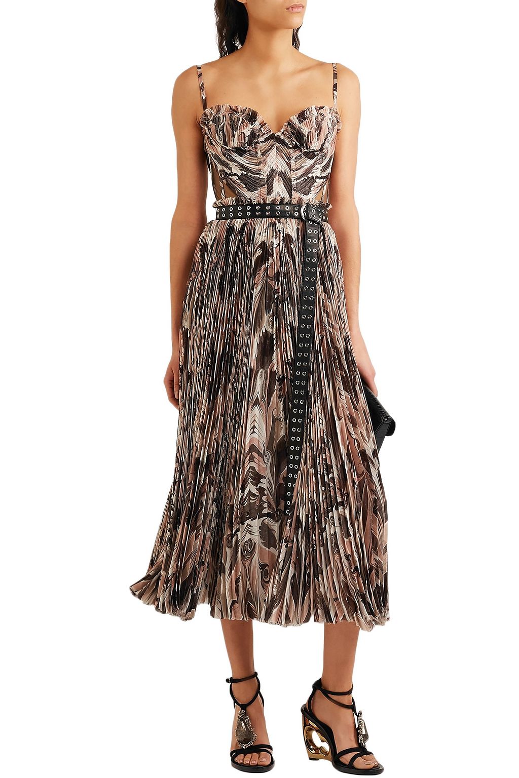 ALEXANDER MCQUEEN Belted printed plissé silk crepe de chine midi dress