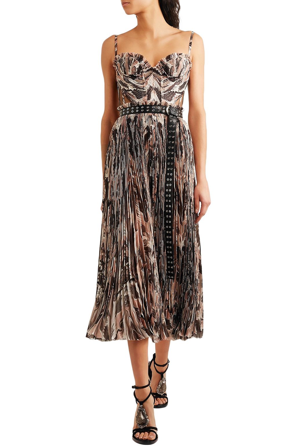 ALEXANDER MCQUEEN Belted printed plissé silk crepe de chine midi dress