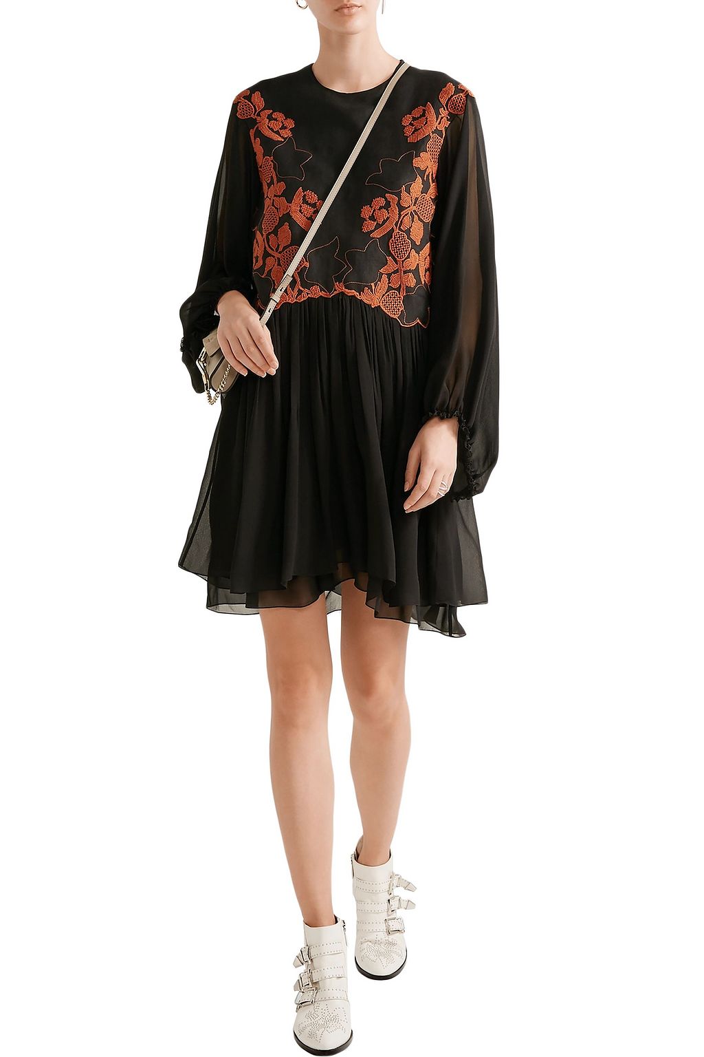 CHLOÉ Embroidered linen and silk-chiffon mini dress
