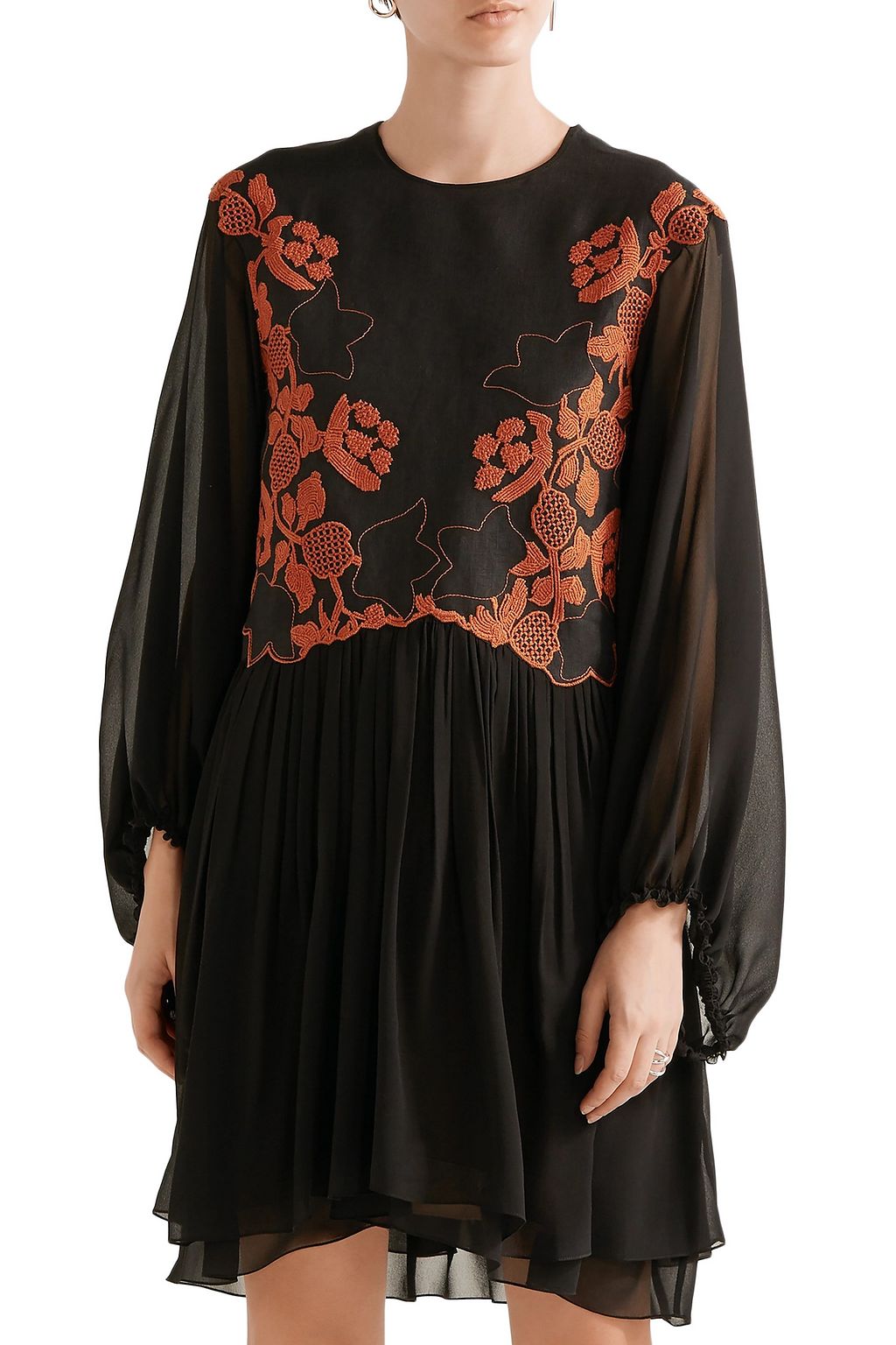 CHLOÉ Embroidered linen and silk-chiffon mini dress