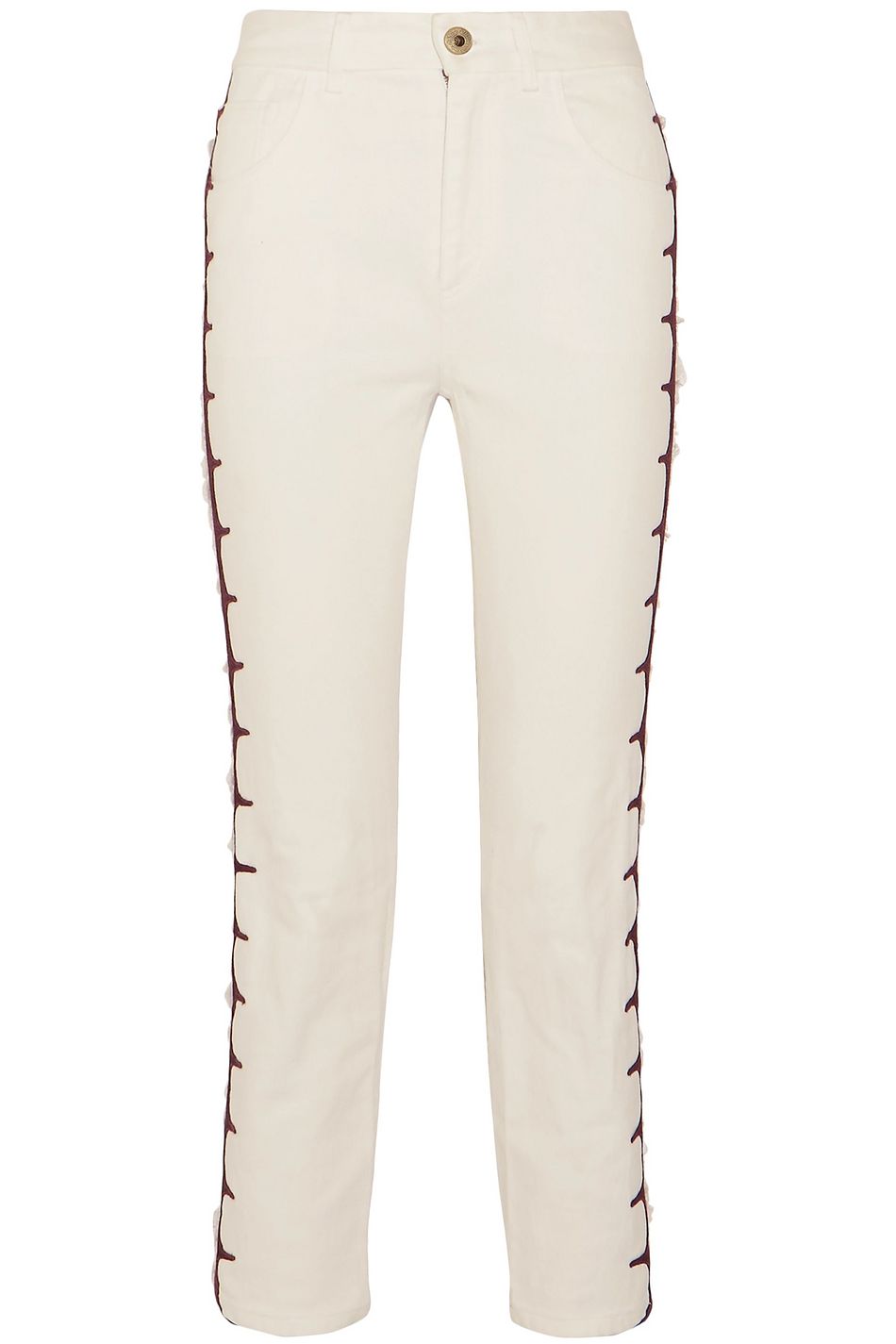 white jeans with embroidery on legs