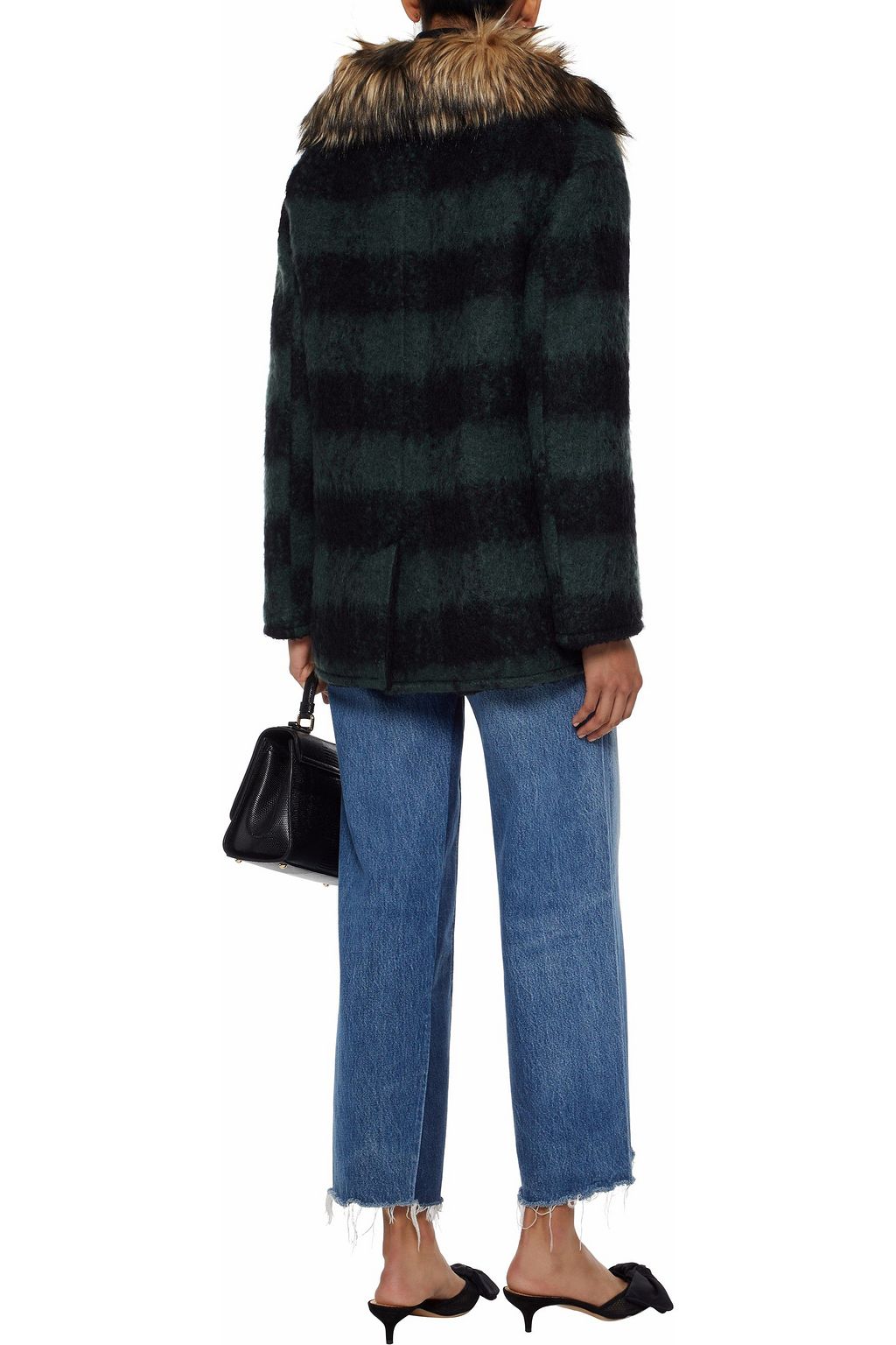 REDVALENTINO Faux fur-trimmed striped felt coat
