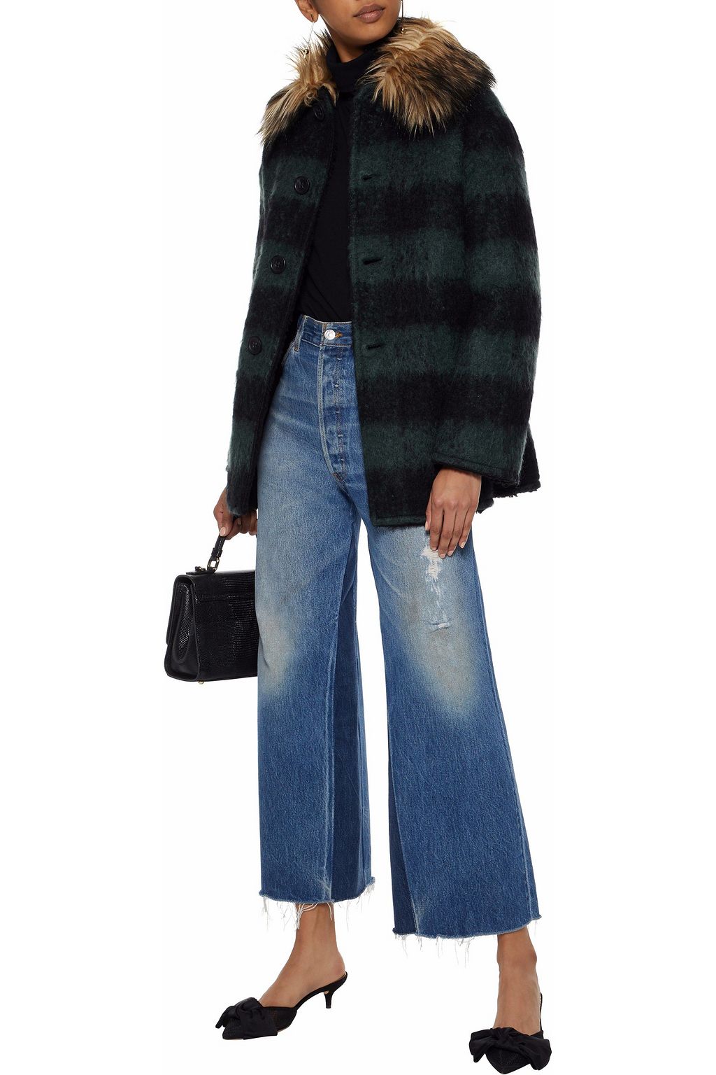 REDVALENTINO Faux fur-trimmed striped felt coat