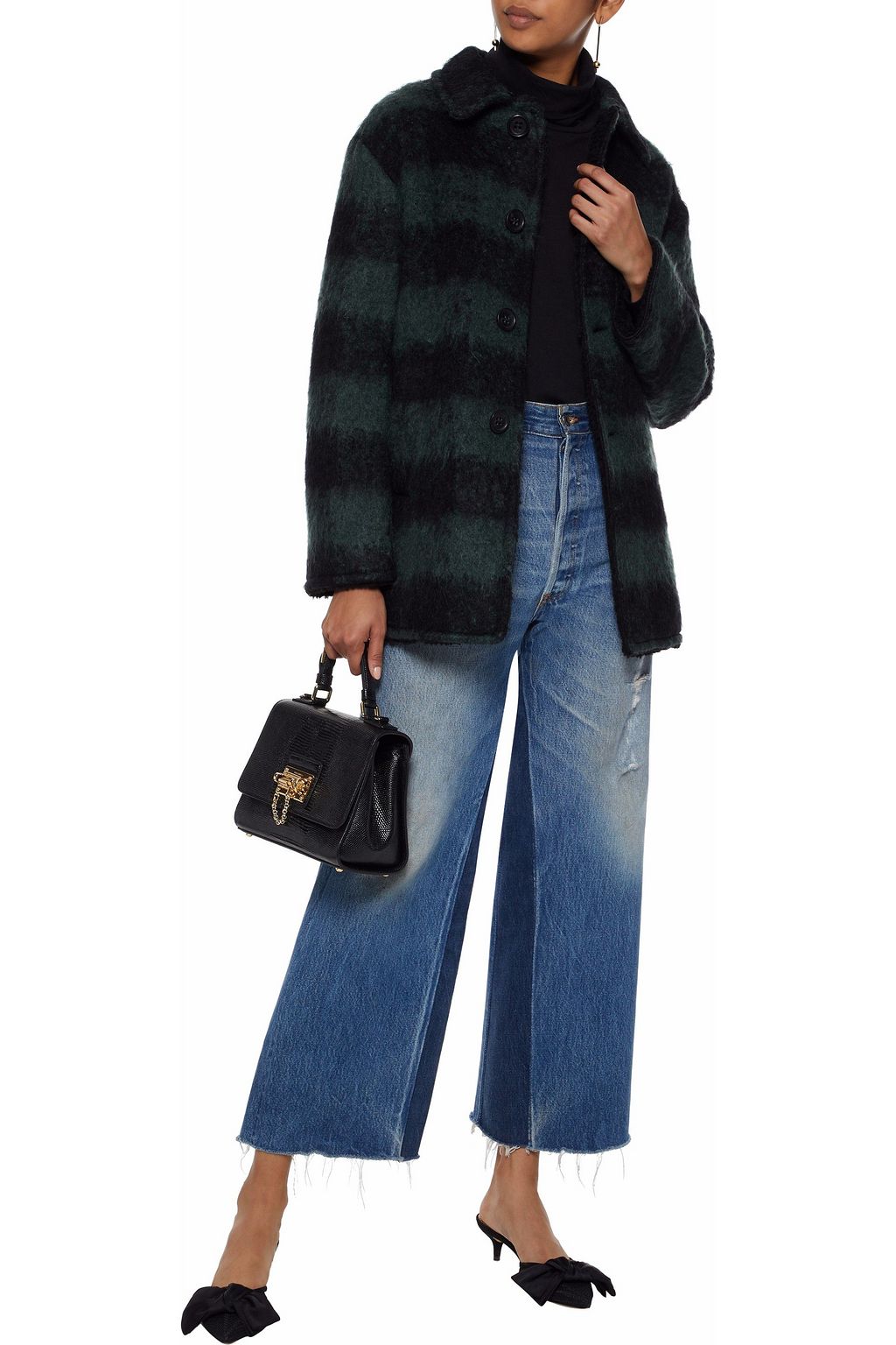 REDVALENTINO Faux fur-trimmed striped felt coat