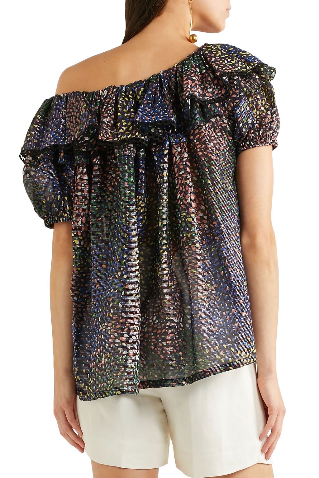 CHLOÉ One-shoulder ruffled metallic printed cotton-blend blouse