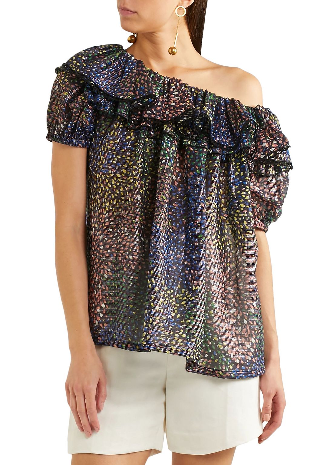 CHLOÉ One-shoulder ruffled metallic printed cotton-blend blouse