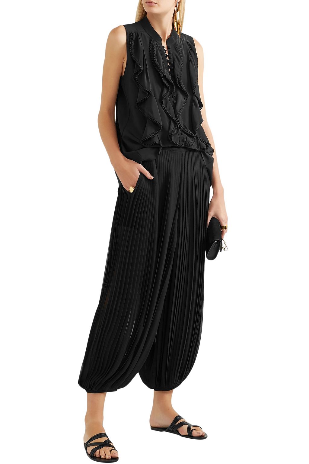 CHLOÉ Cropped pleated georgette wide-leg pants