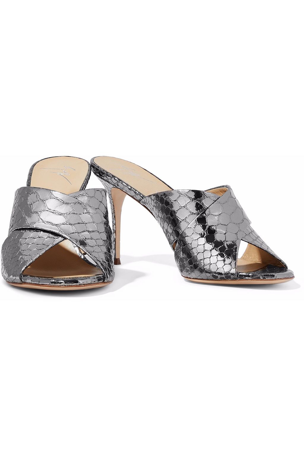 GIUSEPPE ZANOTTI Metallic snake-effect leather mules