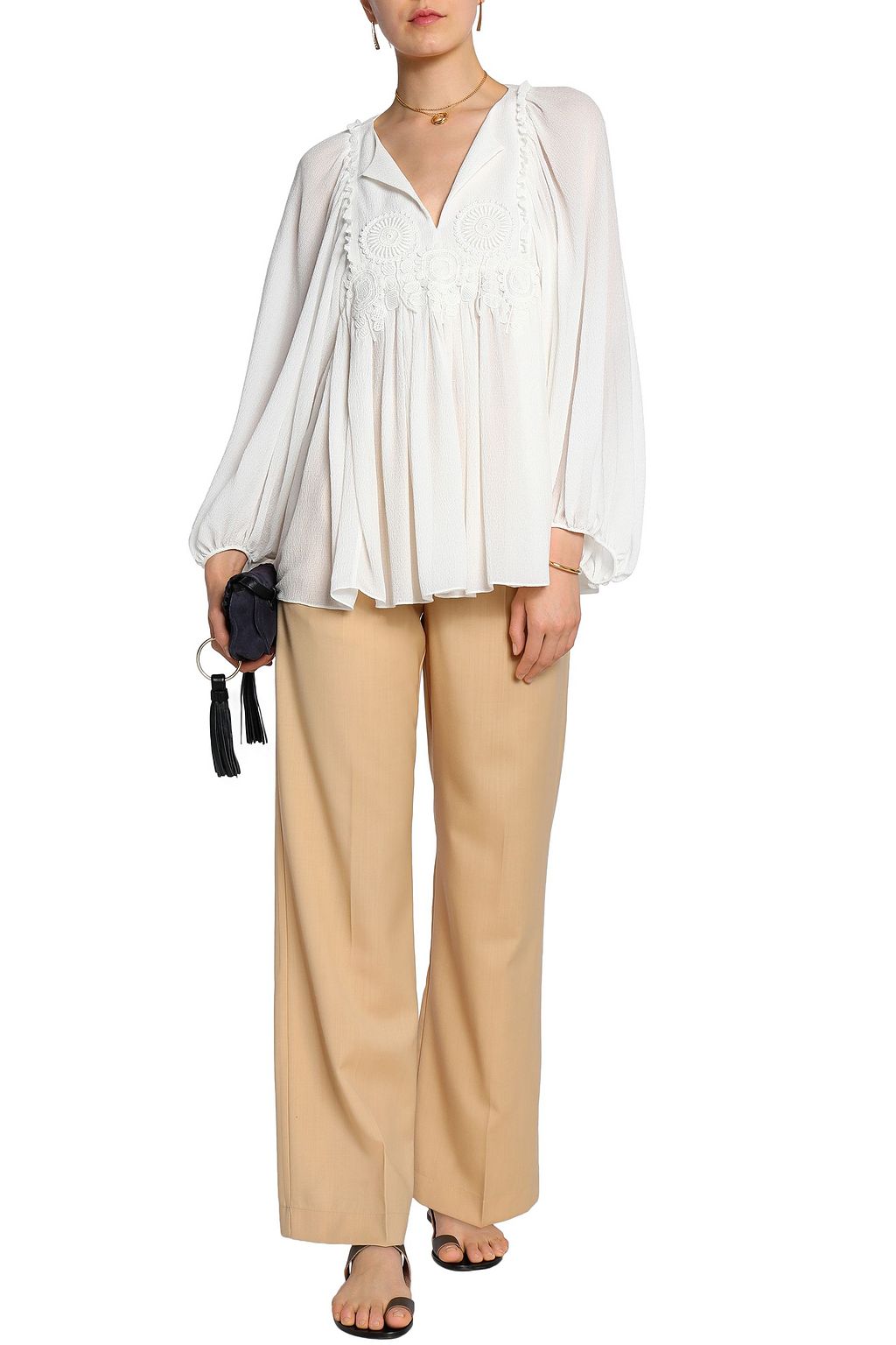 CHLOÉ Lace-appliquéd silk-gauze blouse