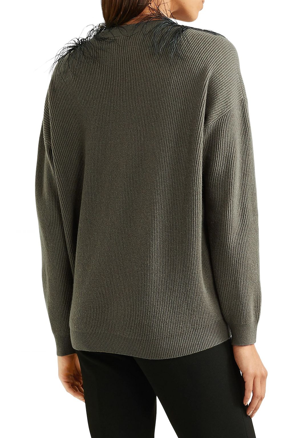 BRUNELLO CUCINELLI Feather-trimmed embellished ribbed cashmere cardigan
