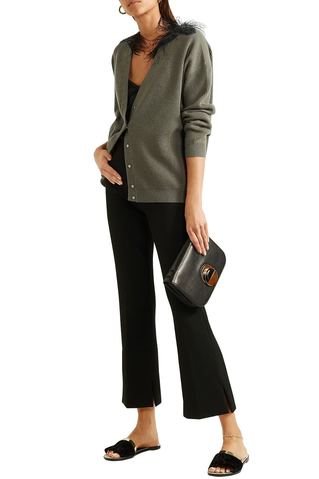 BRUNELLO CUCINELLI Feather-trimmed embellished ribbed cashmere cardigan