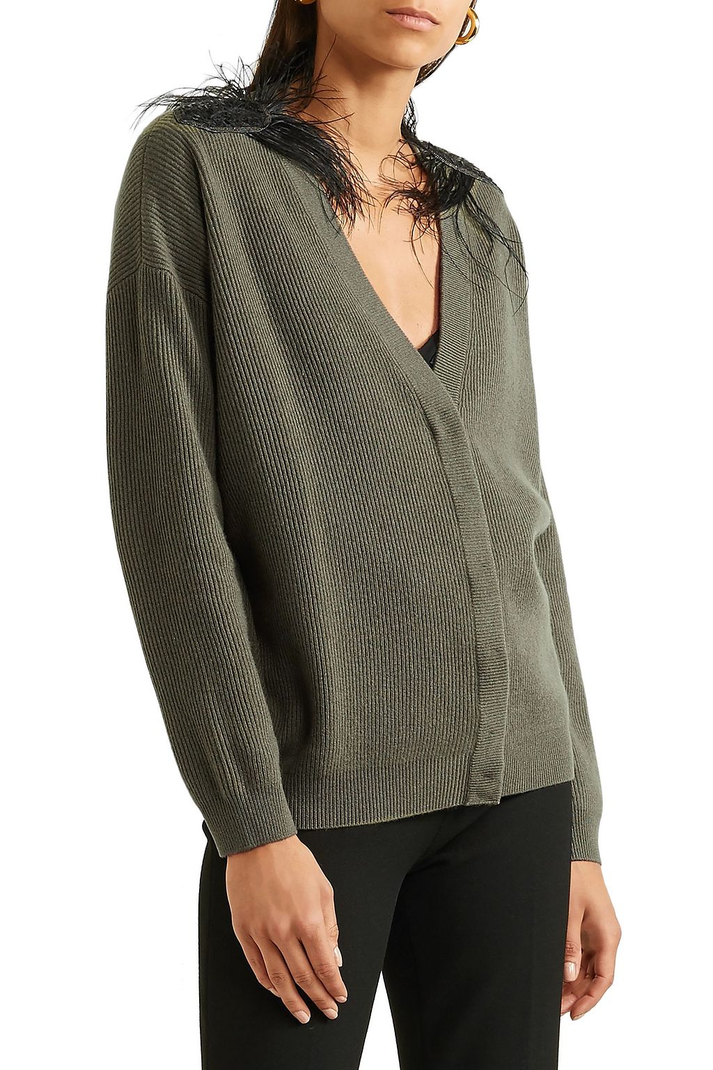 BRUNELLO CUCINELLI Feather-trimmed embellished ribbed cashmere cardigan