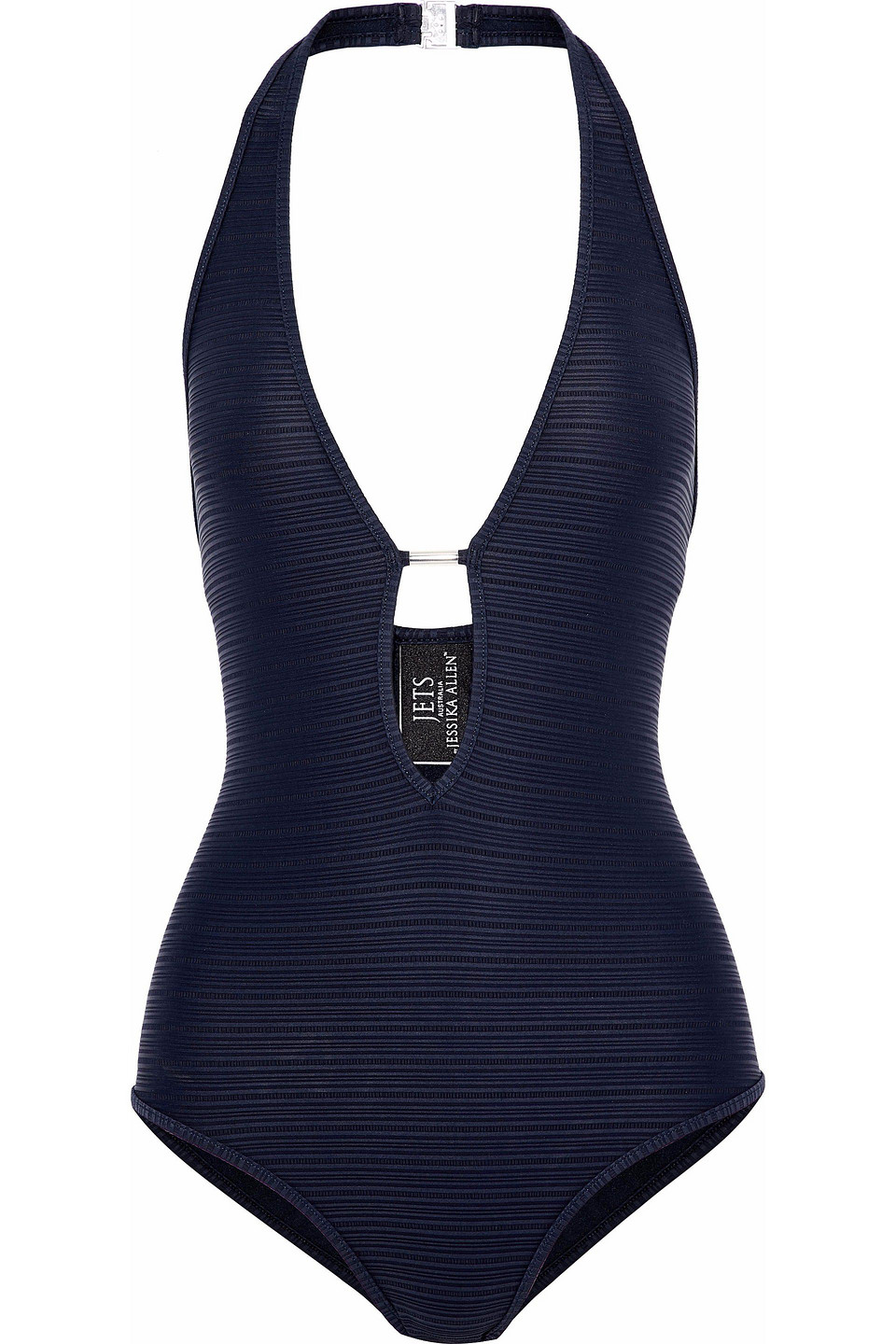 Jets Australia By Jessika Allen Woman Lattice-trimmed Cutout Striped Halterneck Swimsuit Navy Size 16