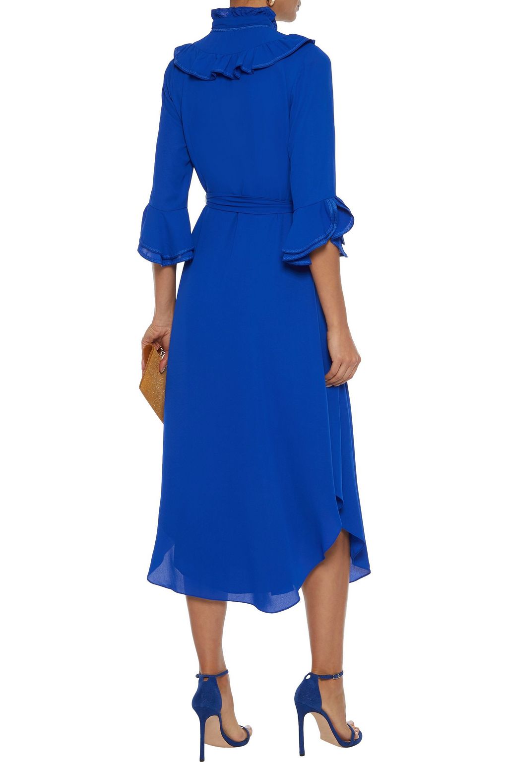 MIKAEL AGHAL Belted ruffle-trimmed crepe de chine midi dress