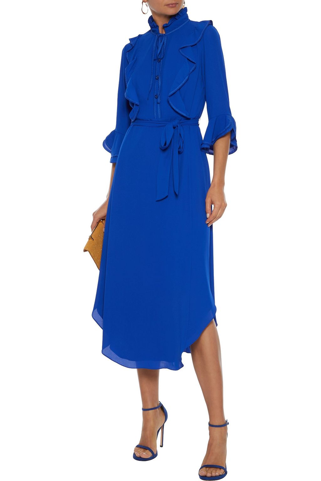 MIKAEL AGHAL Belted ruffle-trimmed crepe de chine midi dress