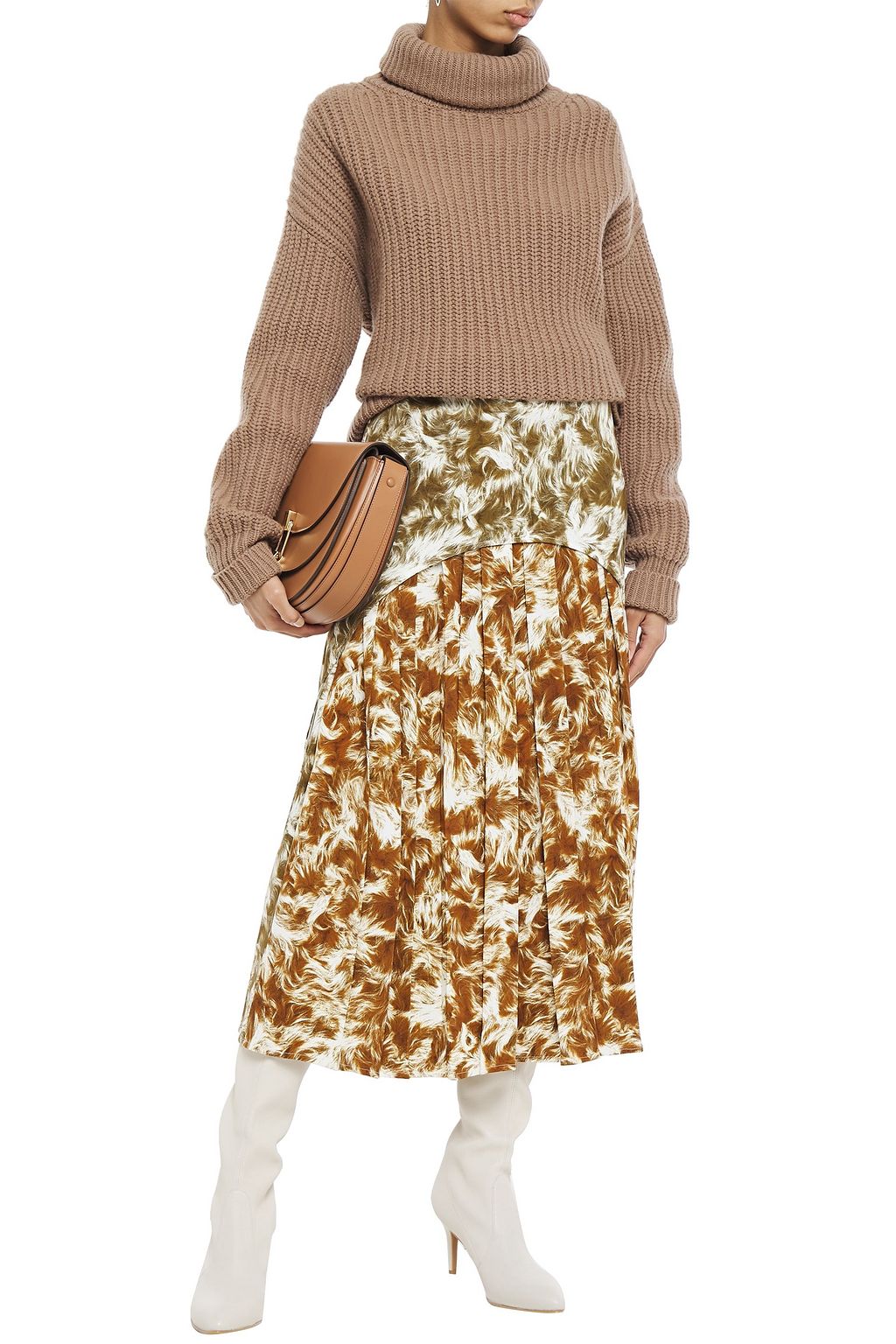 VICTORIA BECKHAM Pleated printed stretch-crepe midi skirt