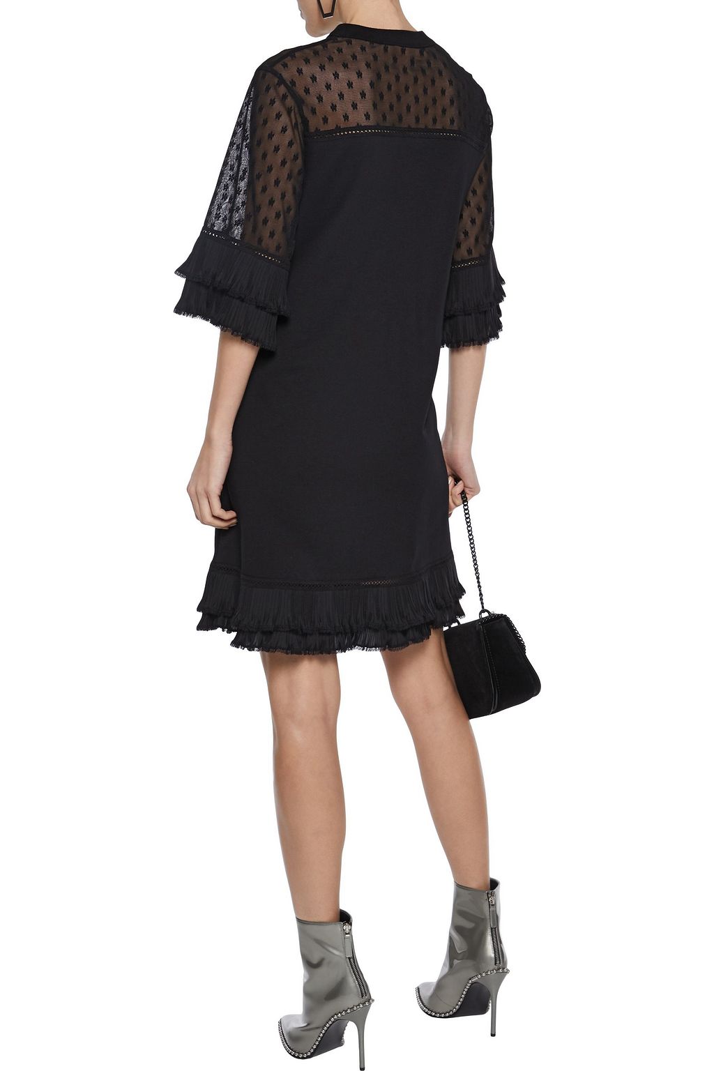 MCQ ALEXANDER MCQUEEN Plissé-trimmed embroidered mesh-paneled cotton mini dress