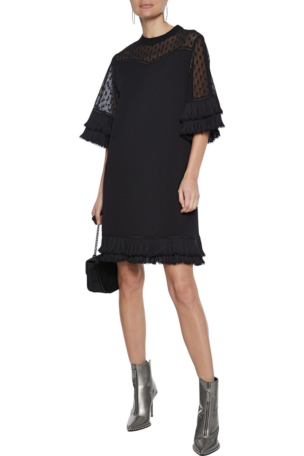 MCQ ALEXANDER MCQUEEN Plissé-trimmed embroidered mesh-paneled cotton mini dress