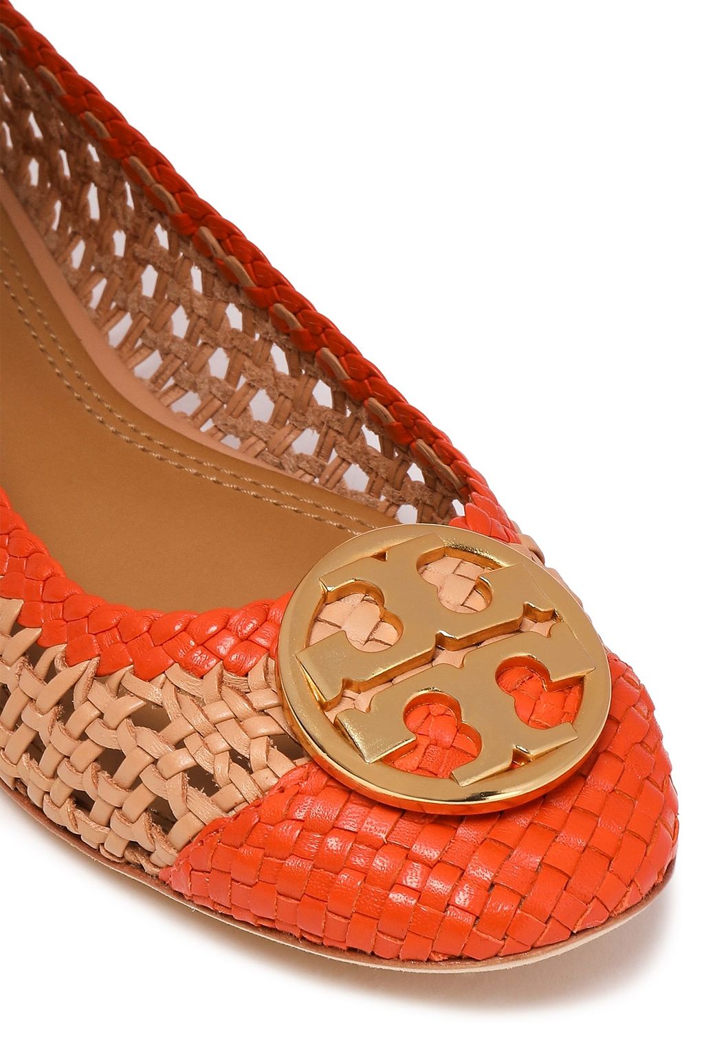 TORY BURCH Logo-embellished woven leather ballet flats