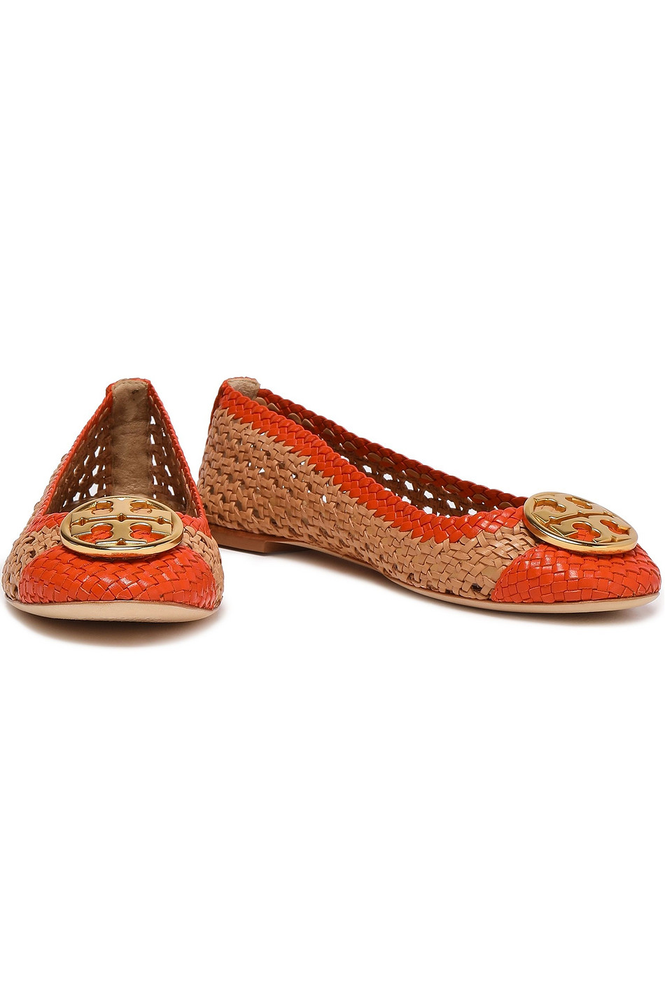 TORY BURCH Logo-embellished woven leather ballet flats