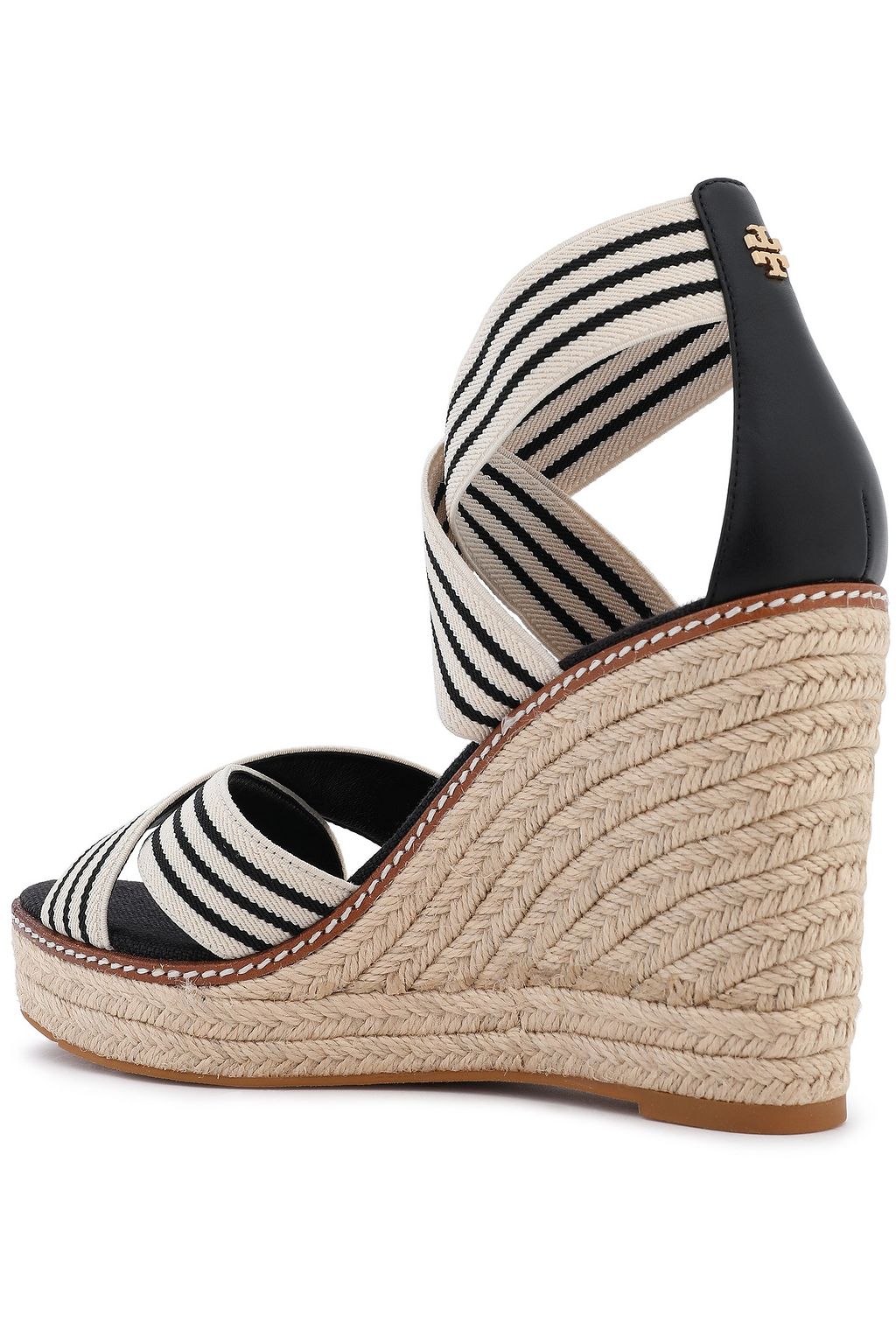 TORY BURCH Leather-trimmed striped grosgrain wedge espadrille sandals