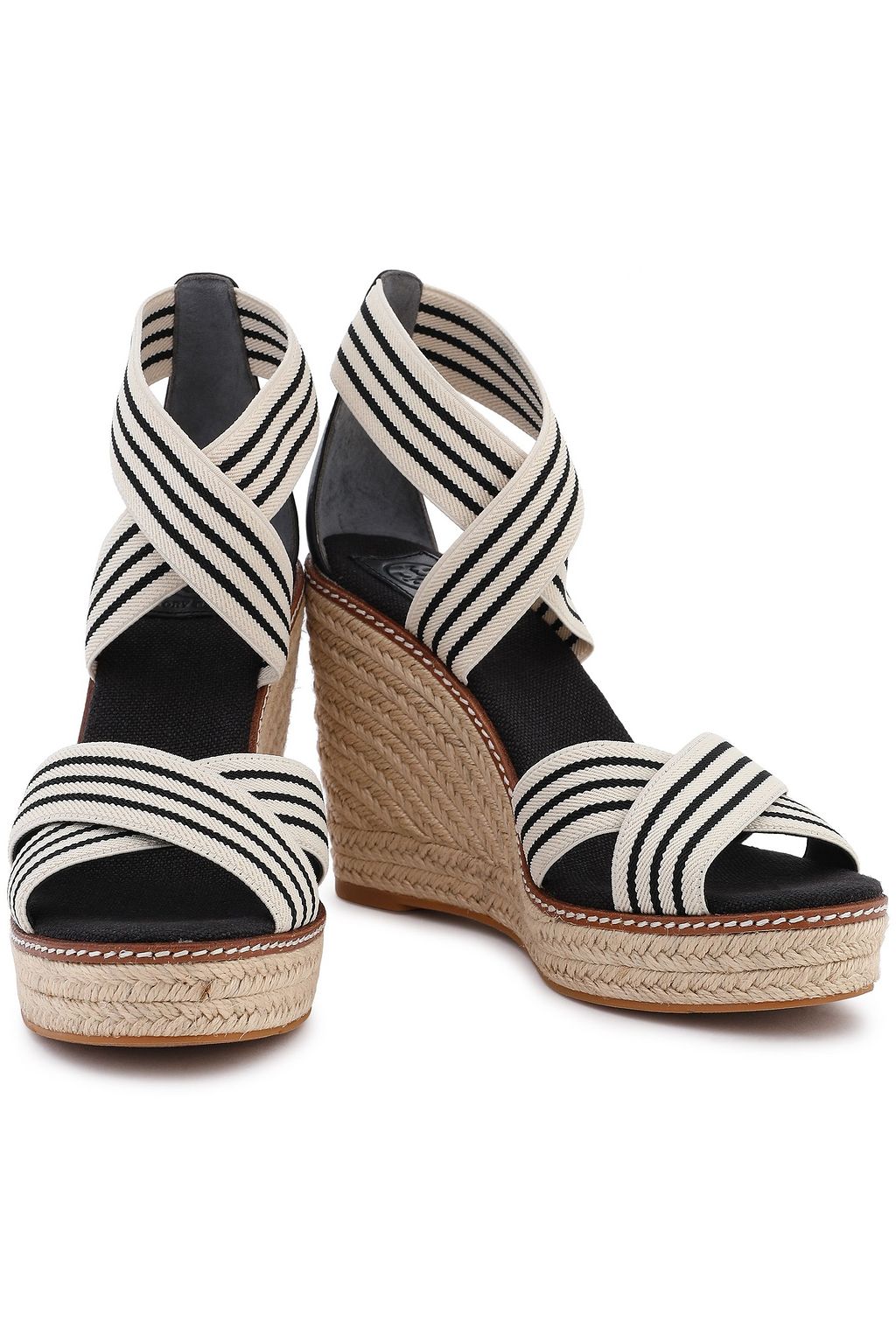 TORY BURCH Leather-trimmed striped grosgrain wedge espadrille sandals